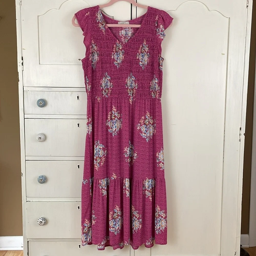 LOFT Pink Flutter Sleeve Sundress smocked midi Petite M